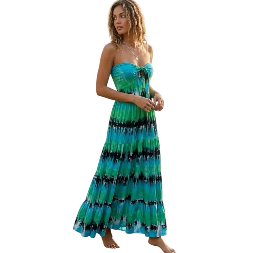 Tiare Hawaii Tie Dye Strapless Boho Tropical Tiered Maxi Dress One Size NWT